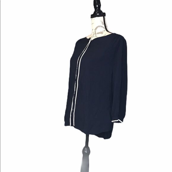 Jcp. Women’s navy button down blouse white stripe - Picture 6 of 16